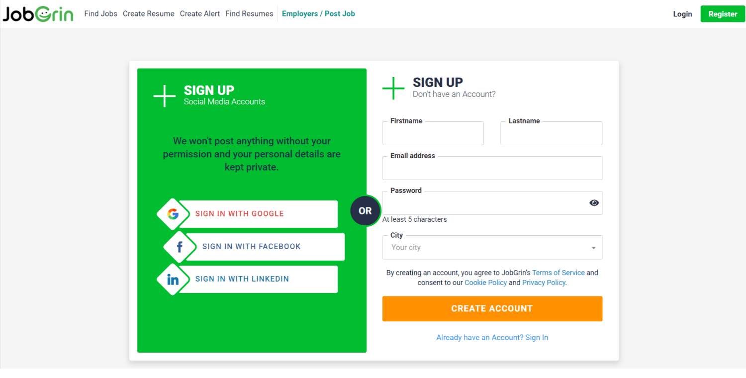 Register Your Free Account JobGrin